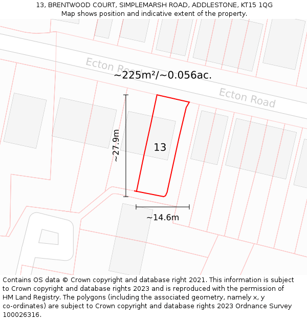 13, BRENTWOOD COURT, SIMPLEMARSH ROAD, ADDLESTONE, KT15 1QG: Plot and title map