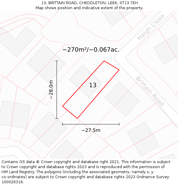 13, BRITTAIN ROAD, CHEDDLETON, LEEK, ST13 7EH: Plot and title map