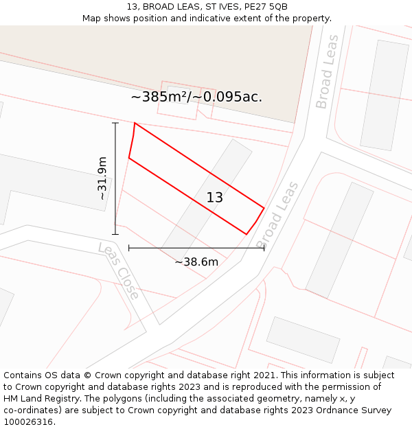 13, BROAD LEAS, ST IVES, PE27 5QB: Plot and title map