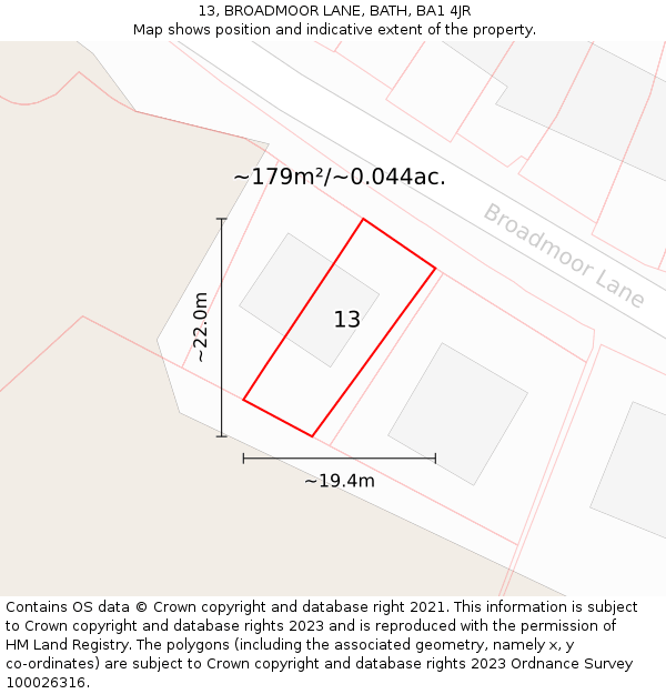 13, BROADMOOR LANE, BATH, BA1 4JR: Plot and title map