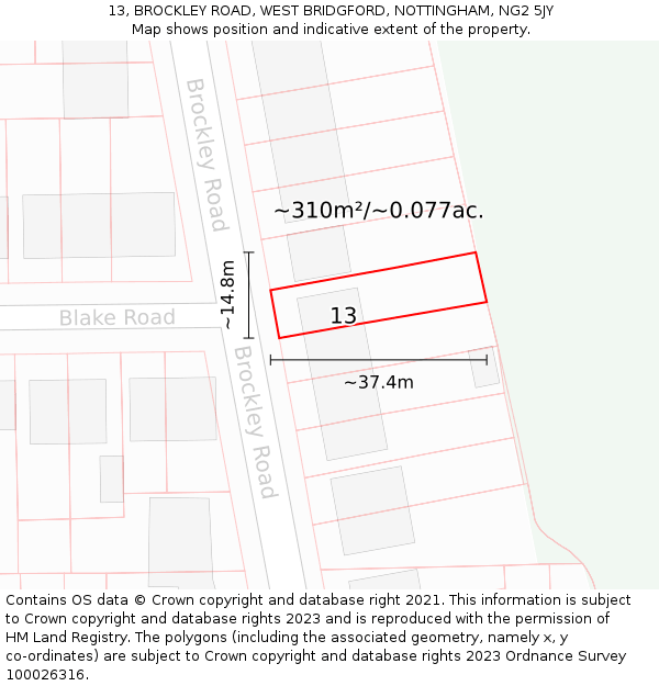 13, BROCKLEY ROAD, WEST BRIDGFORD, NOTTINGHAM, NG2 5JY: Plot and title map