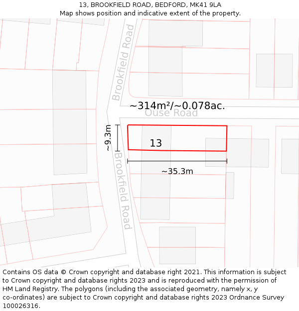 13, BROOKFIELD ROAD, BEDFORD, MK41 9LA: Plot and title map