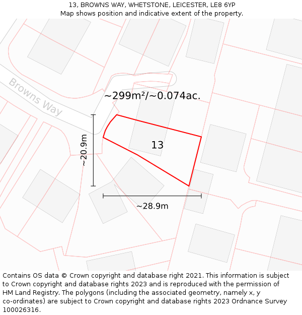 13, BROWNS WAY, WHETSTONE, LEICESTER, LE8 6YP: Plot and title map