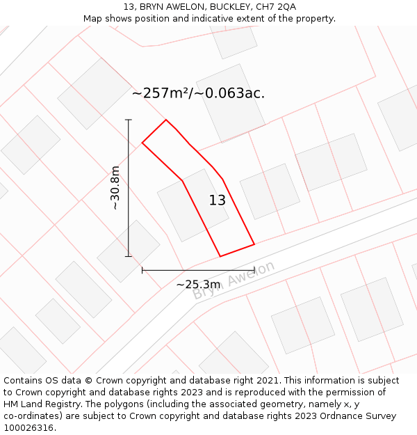 13, BRYN AWELON, BUCKLEY, CH7 2QA: Plot and title map