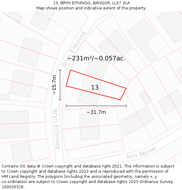 13, BRYN EITHINOG, BANGOR, LL57 2LA: Plot and title map