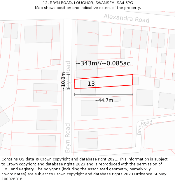 13, BRYN ROAD, LOUGHOR, SWANSEA, SA4 6PG: Plot and title map