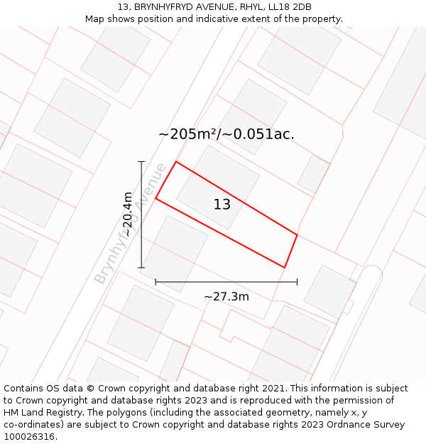 13, BRYNHYFRYD AVENUE, RHYL, LL18 2DB: Plot and title map