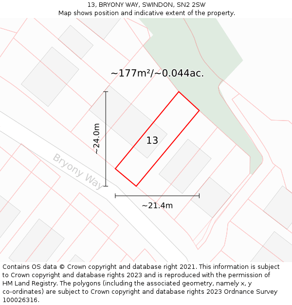 13, BRYONY WAY, SWINDON, SN2 2SW: Plot and title map