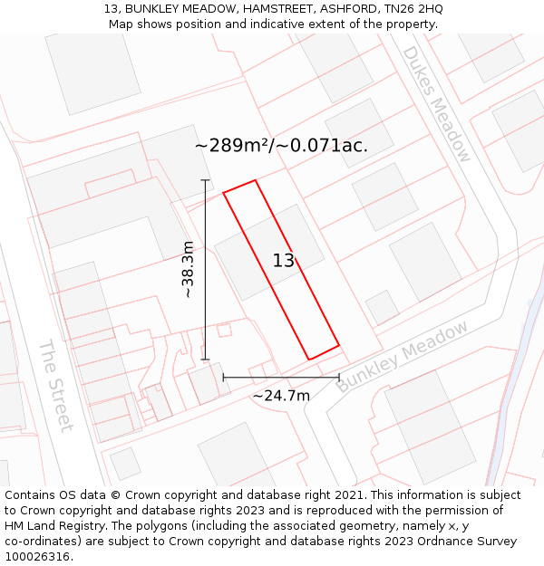 13, BUNKLEY MEADOW, HAMSTREET, ASHFORD, TN26 2HQ: Plot and title map