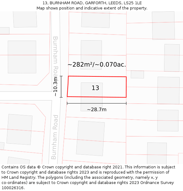 13, BURNHAM ROAD, GARFORTH, LEEDS, LS25 1LE: Plot and title map