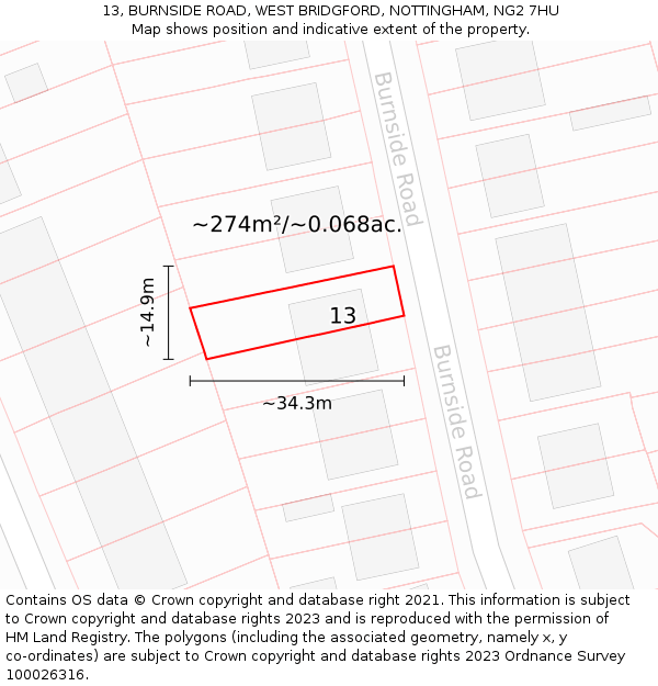 13, BURNSIDE ROAD, WEST BRIDGFORD, NOTTINGHAM, NG2 7HU: Plot and title map