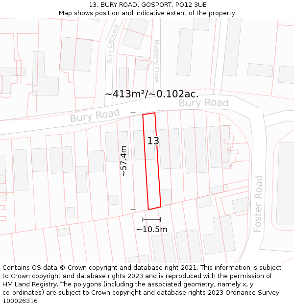 13, BURY ROAD, GOSPORT, PO12 3UE: Plot and title map