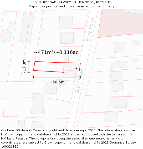 13, BURY ROAD, RAMSEY, HUNTINGDON, PE26 1NE: Plot and title map