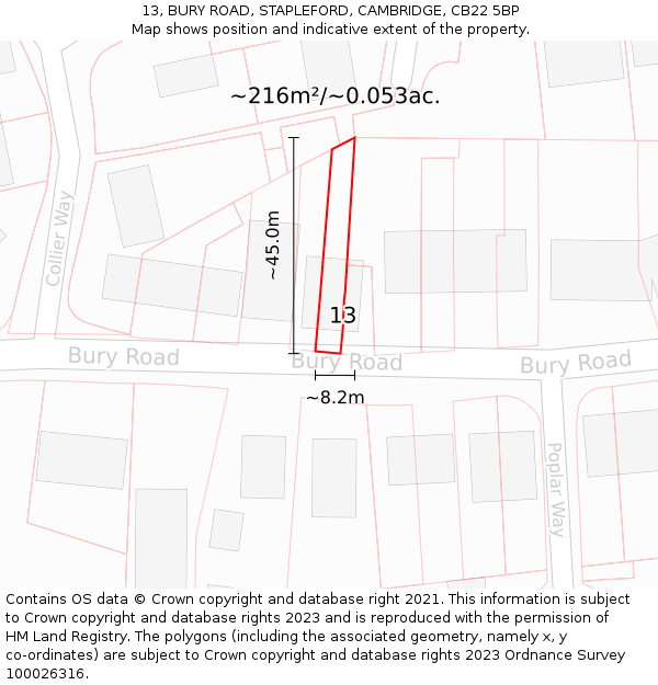 13, BURY ROAD, STAPLEFORD, CAMBRIDGE, CB22 5BP: Plot and title map