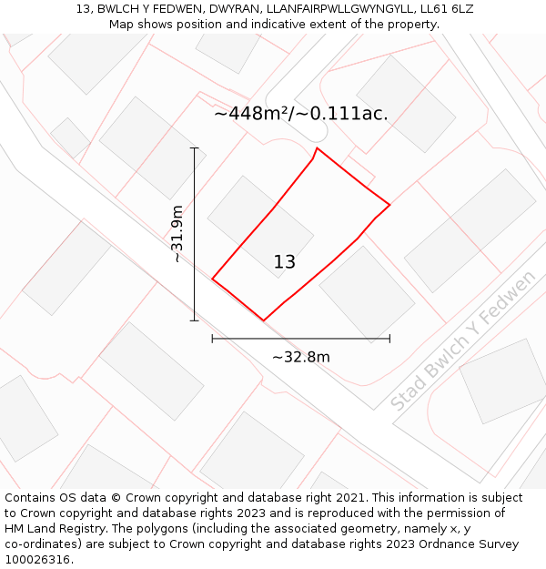 13, BWLCH Y FEDWEN, DWYRAN, LLANFAIRPWLLGWYNGYLL, LL61 6LZ: Plot and title map