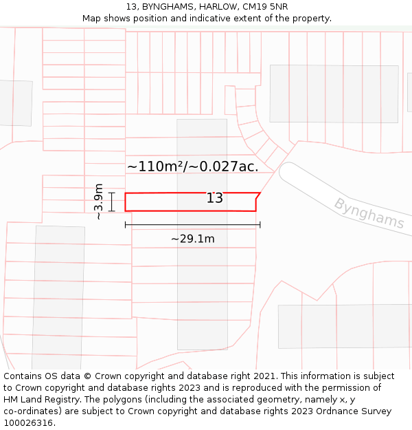 13, BYNGHAMS, HARLOW, CM19 5NR: Plot and title map