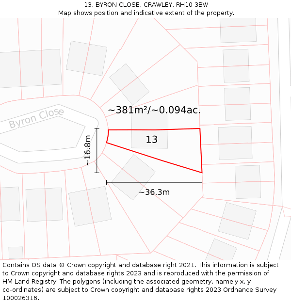 13, BYRON CLOSE, CRAWLEY, RH10 3BW: Plot and title map