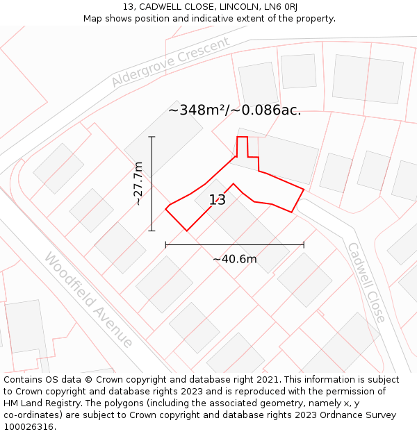 13, CADWELL CLOSE, LINCOLN, LN6 0RJ: Plot and title map