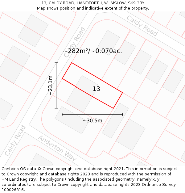 13, CALDY ROAD, HANDFORTH, WILMSLOW, SK9 3BY: Plot and title map