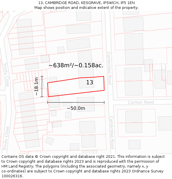 13, CAMBRIDGE ROAD, KESGRAVE, IPSWICH, IP5 1EN: Plot and title map