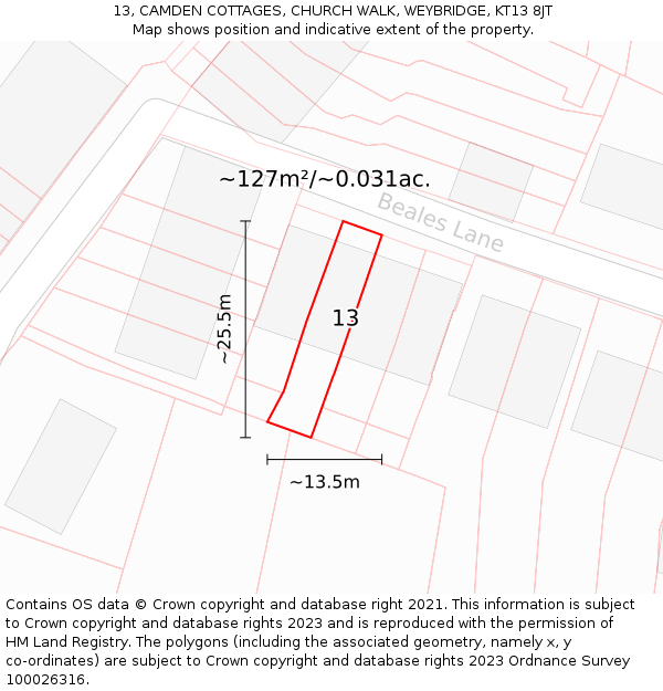 13, CAMDEN COTTAGES, CHURCH WALK, WEYBRIDGE, KT13 8JT: Plot and title map