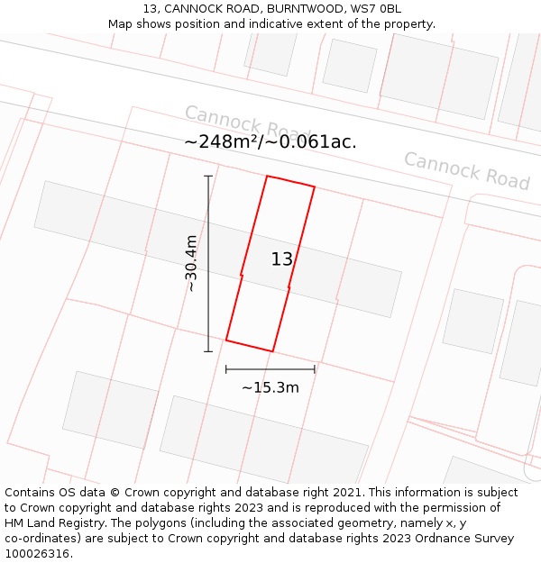 13, CANNOCK ROAD, BURNTWOOD, WS7 0BL: Plot and title map