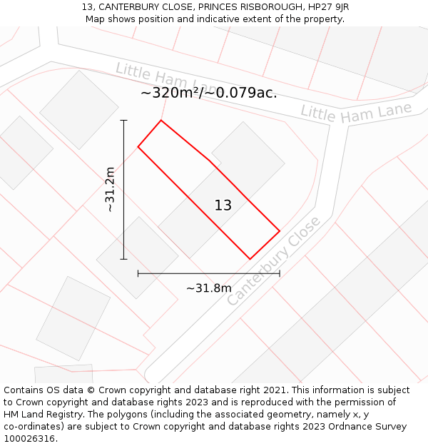 13, CANTERBURY CLOSE, PRINCES RISBOROUGH, HP27 9JR: Plot and title map