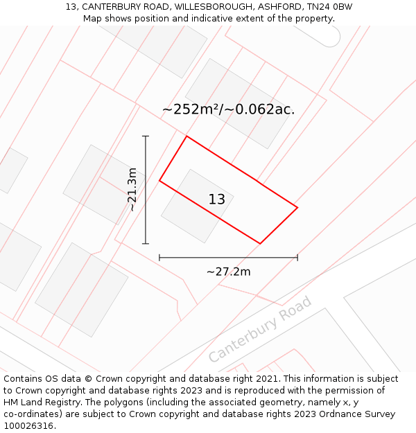 13, CANTERBURY ROAD, WILLESBOROUGH, ASHFORD, TN24 0BW: Plot and title map