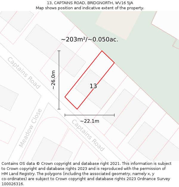 13, CAPTAINS ROAD, BRIDGNORTH, WV16 5JA: Plot and title map