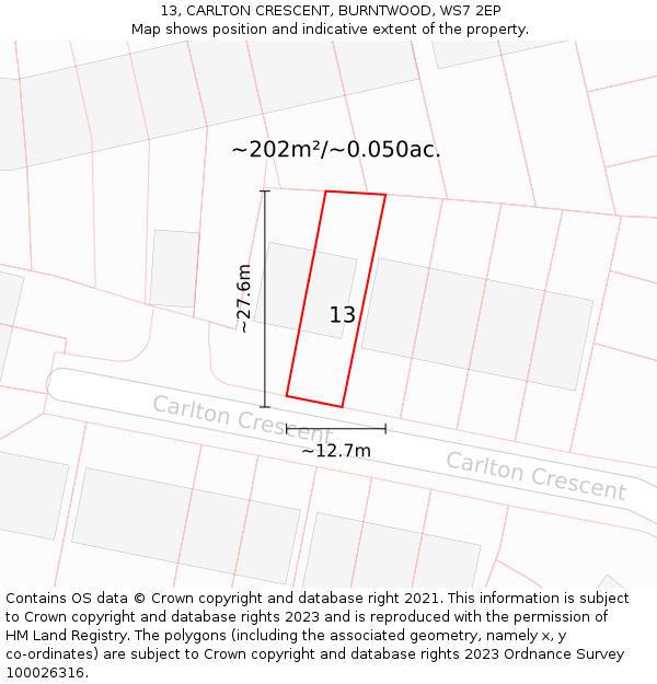 13, CARLTON CRESCENT, BURNTWOOD, WS7 2EP: Plot and title map