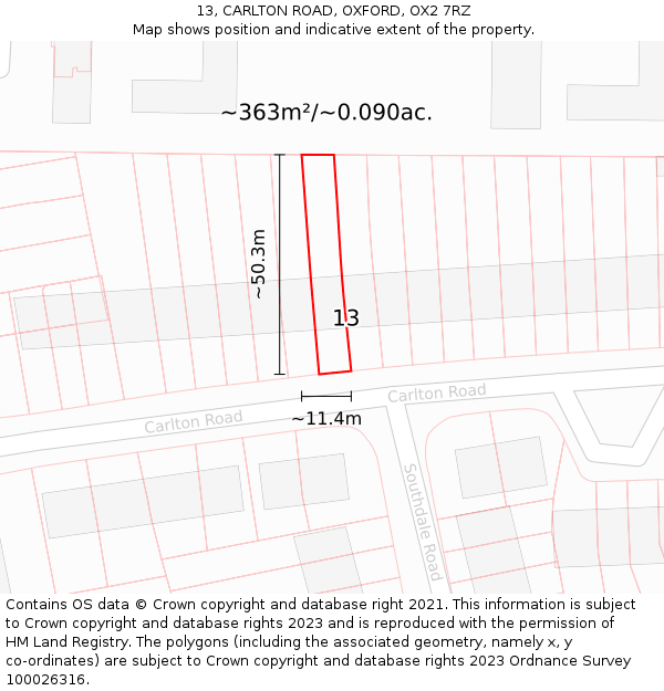 13, CARLTON ROAD, OXFORD, OX2 7RZ: Plot and title map