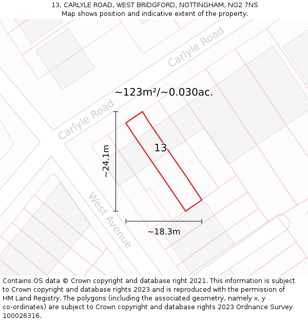 13, CARLYLE ROAD, WEST BRIDGFORD, NOTTINGHAM, NG2 7NS: Plot and title map