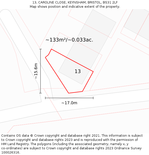 13, CAROLINE CLOSE, KEYNSHAM, BRISTOL, BS31 2LF: Plot and title map