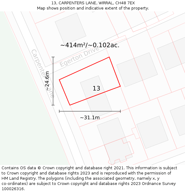 13, CARPENTERS LANE, WIRRAL, CH48 7EX: Plot and title map