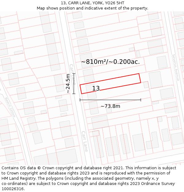 13, CARR LANE, YORK, YO26 5HT: Plot and title map