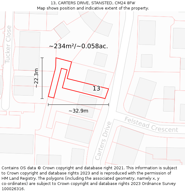 13, CARTERS DRIVE, STANSTED, CM24 8FW: Plot and title map