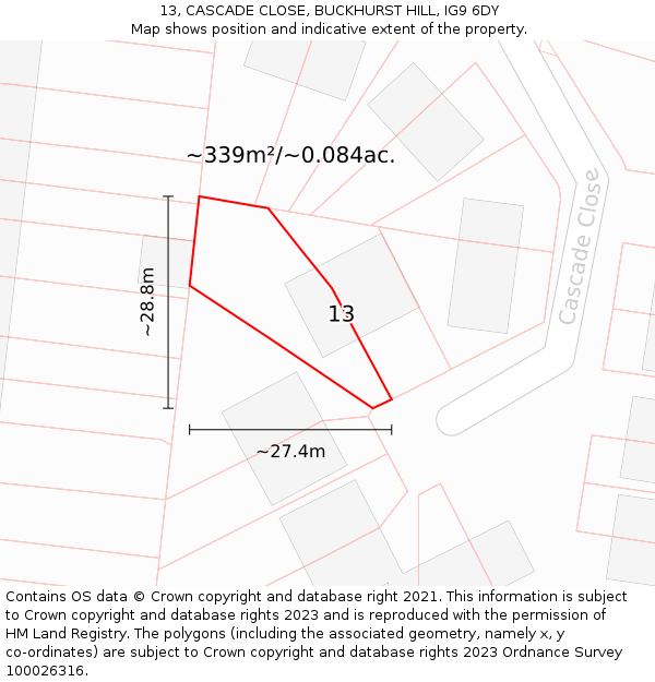 13, CASCADE CLOSE, BUCKHURST HILL, IG9 6DY: Plot and title map