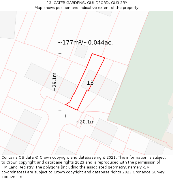 13, CATER GARDENS, GUILDFORD, GU3 3BY: Plot and title map