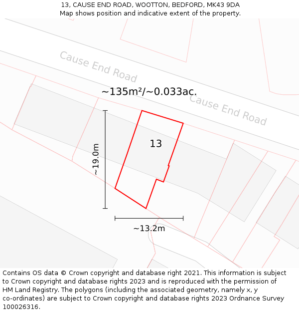 13, CAUSE END ROAD, WOOTTON, BEDFORD, MK43 9DA: Plot and title map