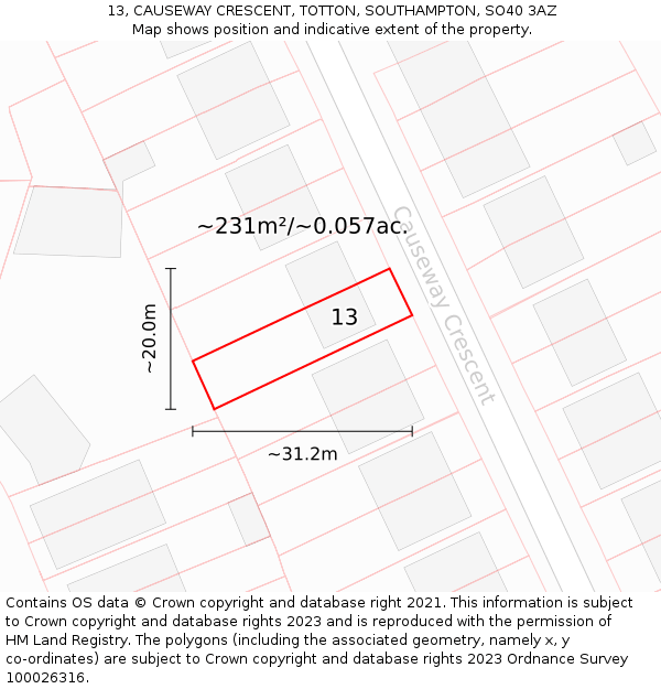 13, CAUSEWAY CRESCENT, TOTTON, SOUTHAMPTON, SO40 3AZ: Plot and title map