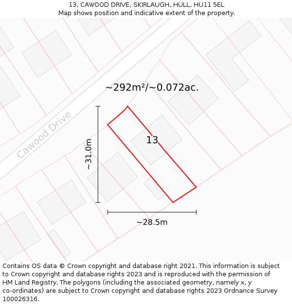 13, CAWOOD DRIVE, SKIRLAUGH, HULL, HU11 5EL: Plot and title map