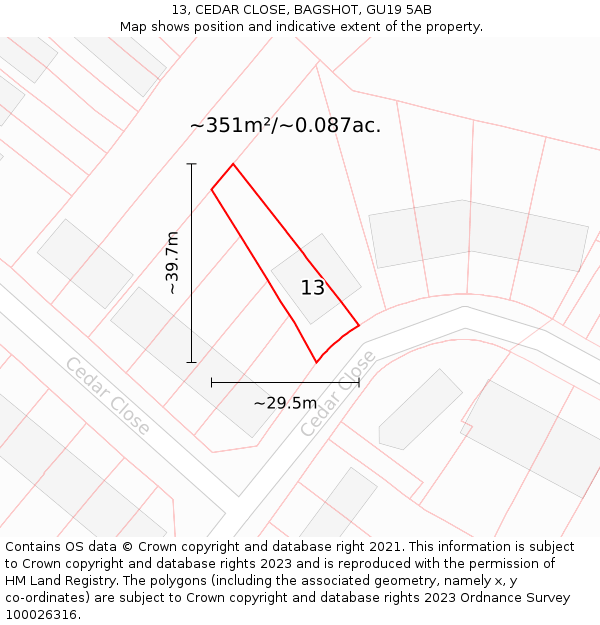 13, CEDAR CLOSE, BAGSHOT, GU19 5AB: Plot and title map