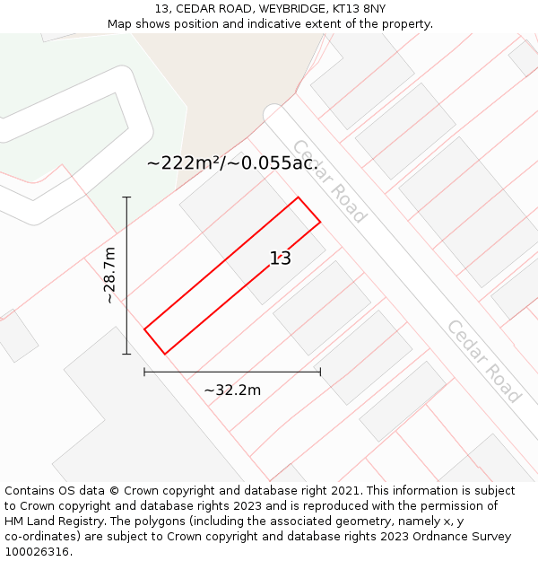 13, CEDAR ROAD, WEYBRIDGE, KT13 8NY: Plot and title map