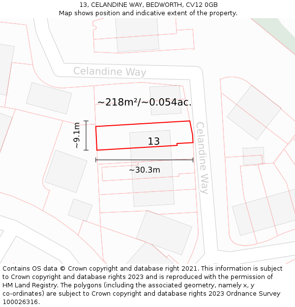 13, CELANDINE WAY, BEDWORTH, CV12 0GB: Plot and title map