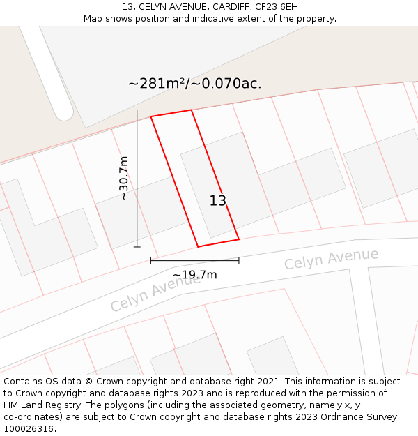 13, CELYN AVENUE, CARDIFF, CF23 6EH: Plot and title map