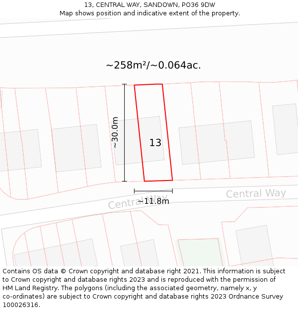 13, CENTRAL WAY, SANDOWN, PO36 9DW: Plot and title map