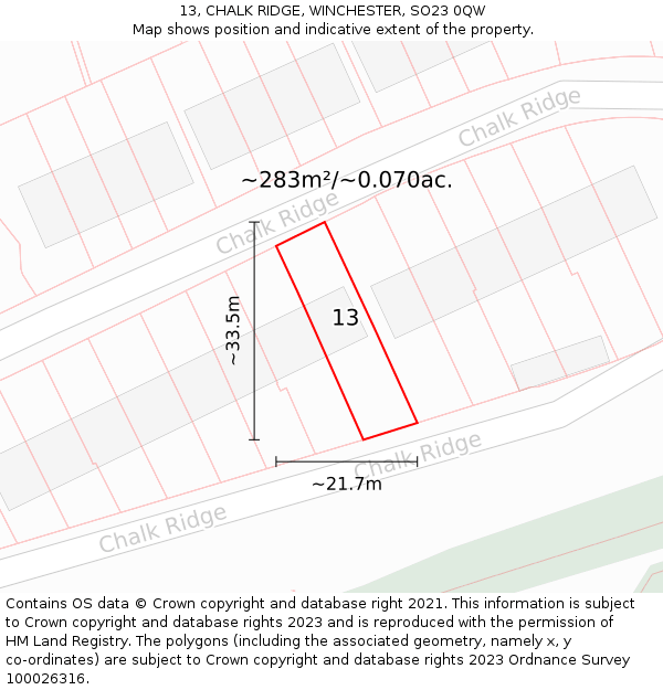 13, CHALK RIDGE, WINCHESTER, SO23 0QW: Plot and title map