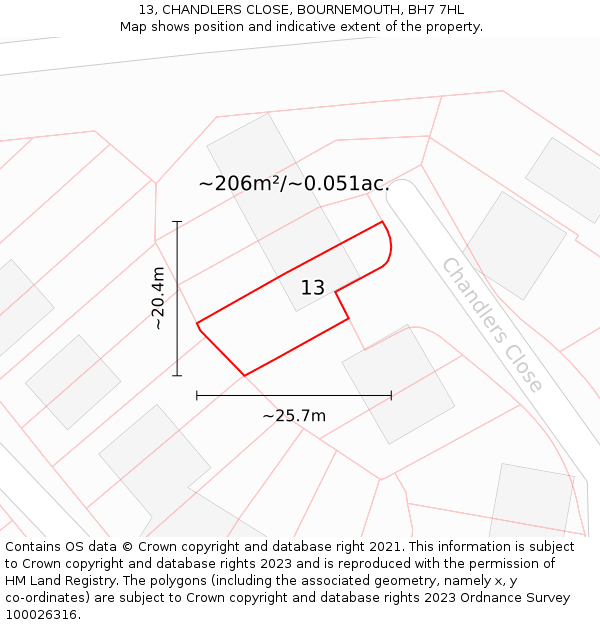 13, CHANDLERS CLOSE, BOURNEMOUTH, BH7 7HL: Plot and title map