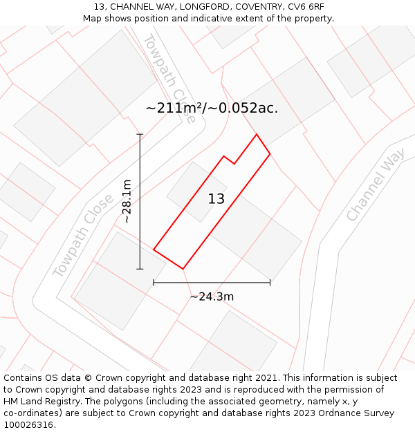 13, CHANNEL WAY, LONGFORD, COVENTRY, CV6 6RF: Plot and title map