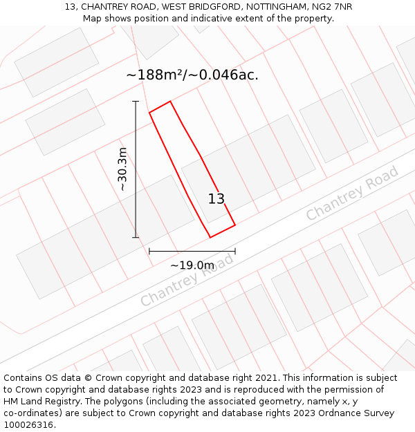 13, CHANTREY ROAD, WEST BRIDGFORD, NOTTINGHAM, NG2 7NR: Plot and title map